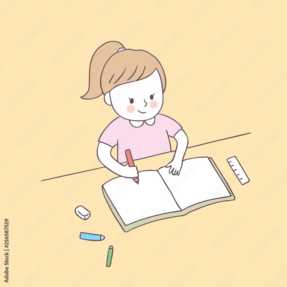 Cartoon cute girl and homework vector. Stock Vector | Adobe Stock