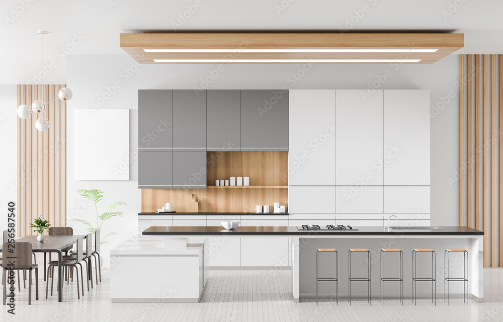 Modern spacious kitchen interior with island. Kitchen design concept. 3D illustration.
