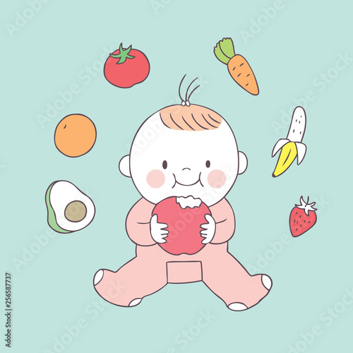 Cartoon cute baby and food vector.