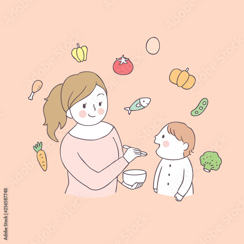 Cartoon cute mom and baby eating food vector.