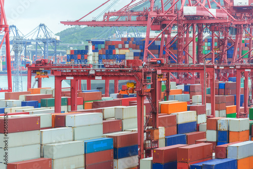 Logistics and transportation of container and crane bridge. import export and transport industry background