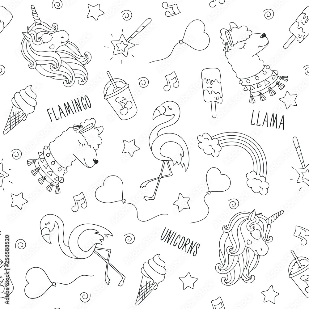 Unicorn, llama and flamingo. Black and white abstract outline seamless pattern. Fashion illustration drawing in modern style for clothes. Drawing for kids clothes, t-shirts, fabrics or packaging