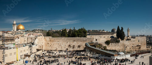 Wall of Tears. Panoramic view onto Western Wall of Jerusalem Temple and the dome of mosque Al Aqsa. The center of world's spiritual culture and the root of all modern cultural and political conflicts