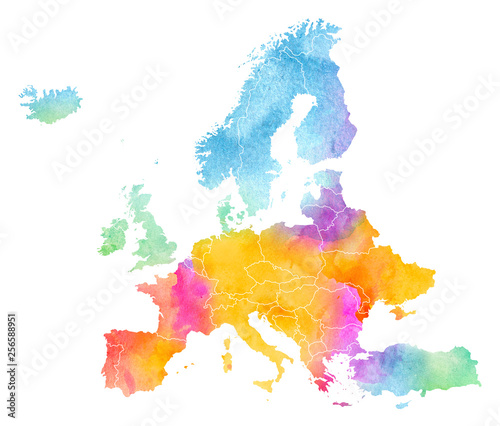Canvas Print Multicolor Watercolor Centra Europe Map on white Background, Side View