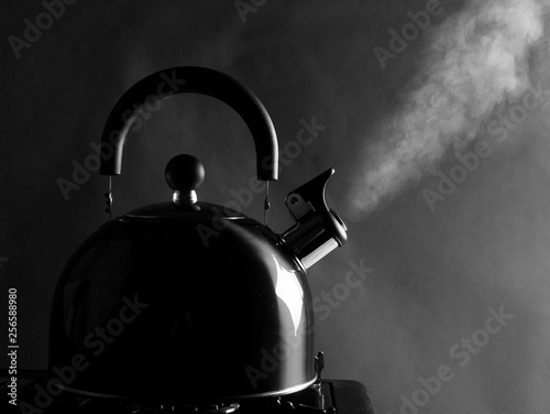 Foto Kettle standing on the stove, steam comes out of the spout