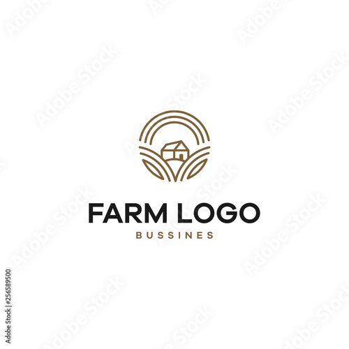 Farm House logo isolated on white background. Black emblem with farmhouse, cows and fields for natural farm products. Vector illustration