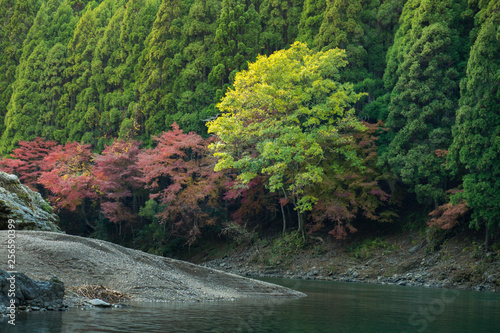 Hozugawa river boat ride route in Japan autumn season