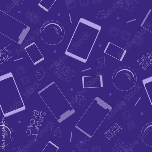 Mobile phones on a purple background. Seamless pattern. Vector illustration.