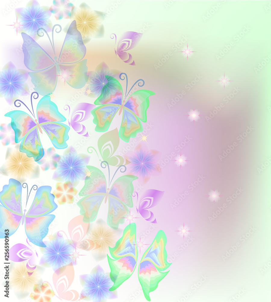 Card design.Softly pastel picture with butterflies and flowers. Vector background.	