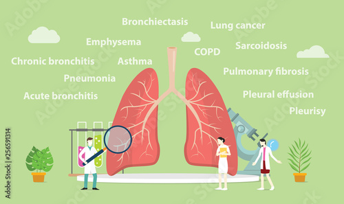 various lung disease with team doctor examine or explore the lungs - vector illustration