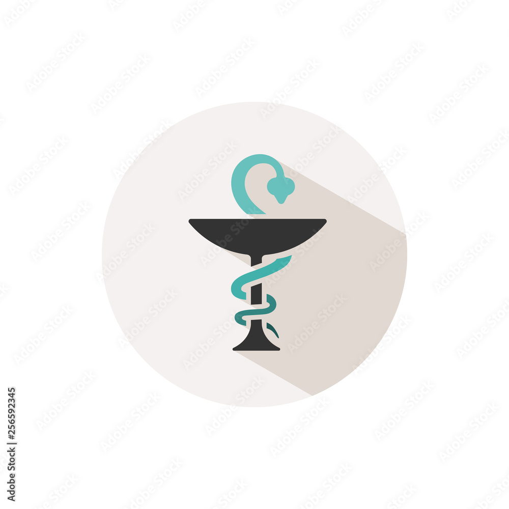 Pharmacy color icon with shadow on a beige circle. Snake symbol Pharmacy color icon with shadow on a beige circle. Snake symbol