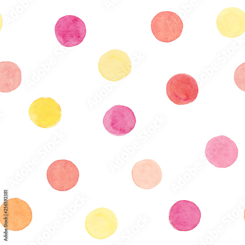 Watercolor hand drawn polka dots seamless pattern in peach color with pink, yellow, orange circles on white background