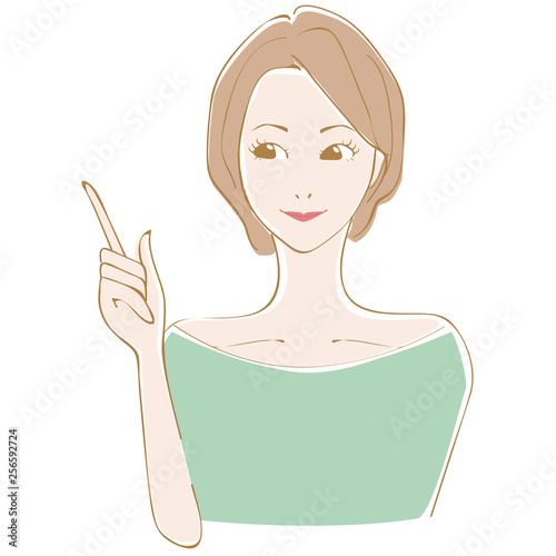 美容　ショートカットの女性　指差し