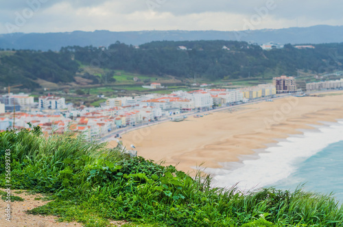 Explore Nazare in Portugal. A beautiful panoramic view. The Atlantic ocean shore. 
