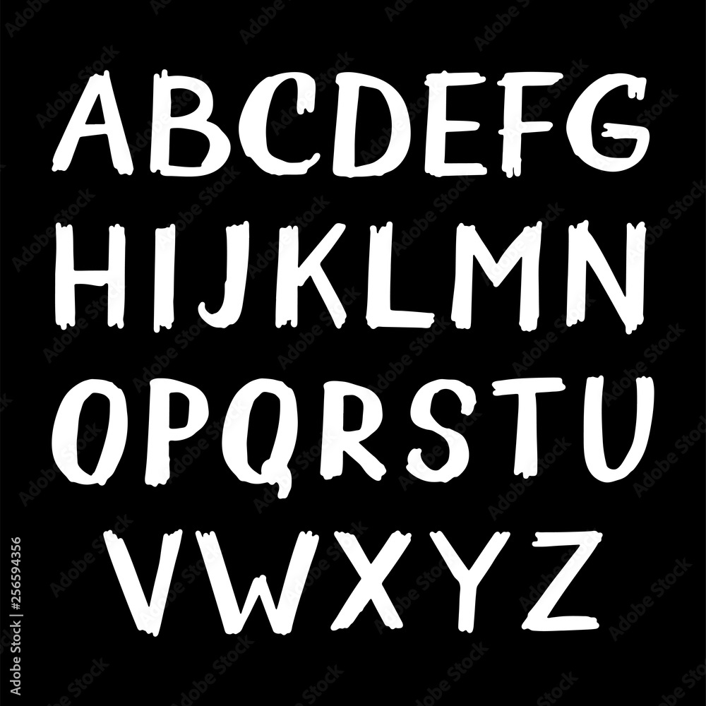 Vector hand drawn art font. White alphabet on black background. Decorative typeface. Letters for your design. Vector font set.