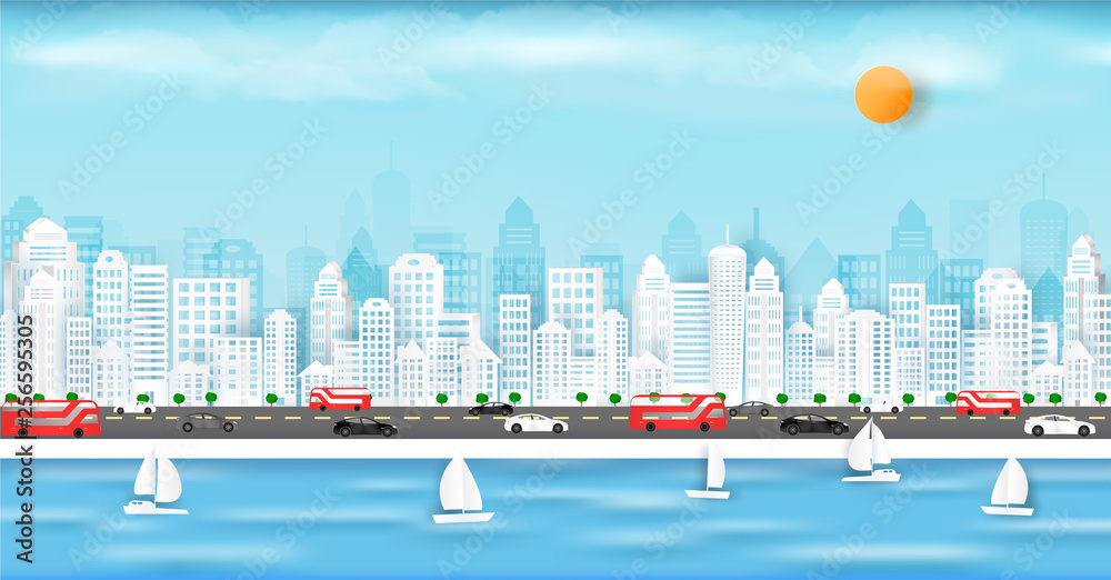 Vector paper cut and in the big city with buildings and homes. And traffic of cars within the city. And represents the city in Europe and is used as an illustration or backdrop
