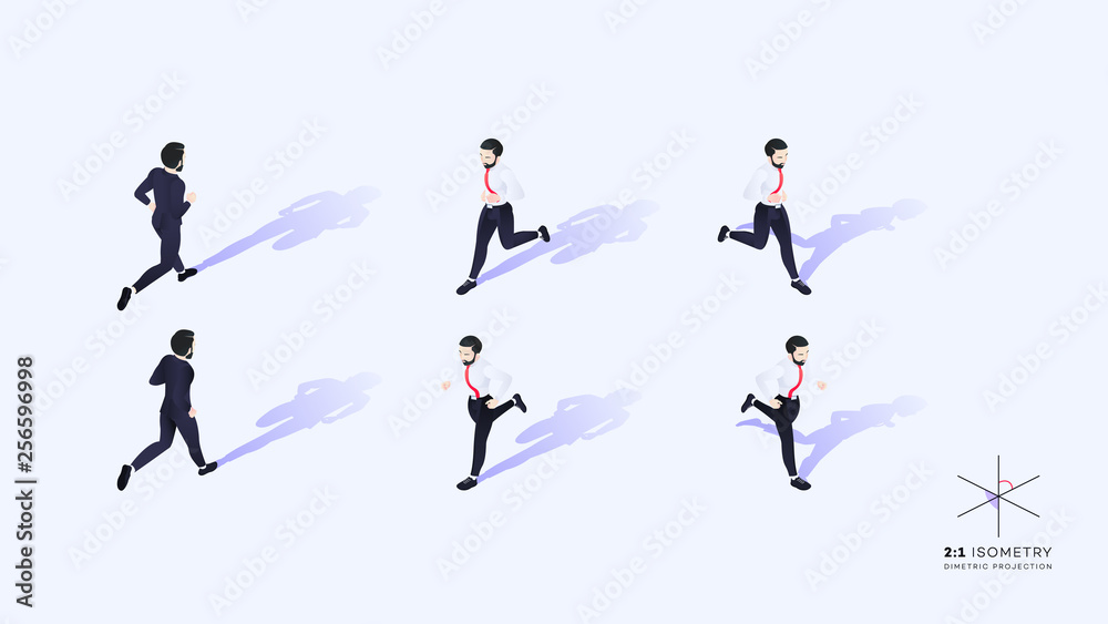 3d Running Business People. Conceptual Isometric Illustration. Dimetric Video Game Ready Projection.