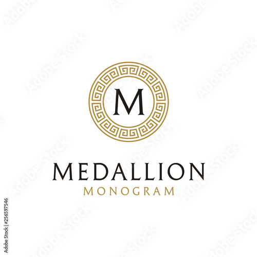 Initial Letter Logo design with golden ancient greek key fret meander circle border frame pattern