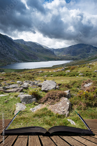 Stunning landscape image of countryside around Llyn Ogwen in Snowdonia during early Autumn coming out of pages of open story book photo