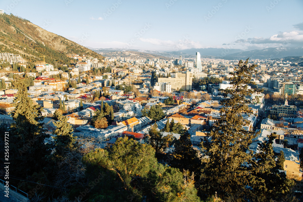 Panoramas of Sighnaghi and Tbilisi at a glance. Beautiful city at dawn.