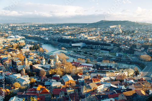 Panoramas of Sighnaghi and Tbilisi at a glance. Beautiful city at dawn.