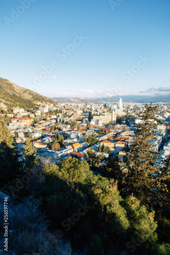 Panoramas of Sighnaghi and Tbilisi at a glance. Beautiful city at dawn.