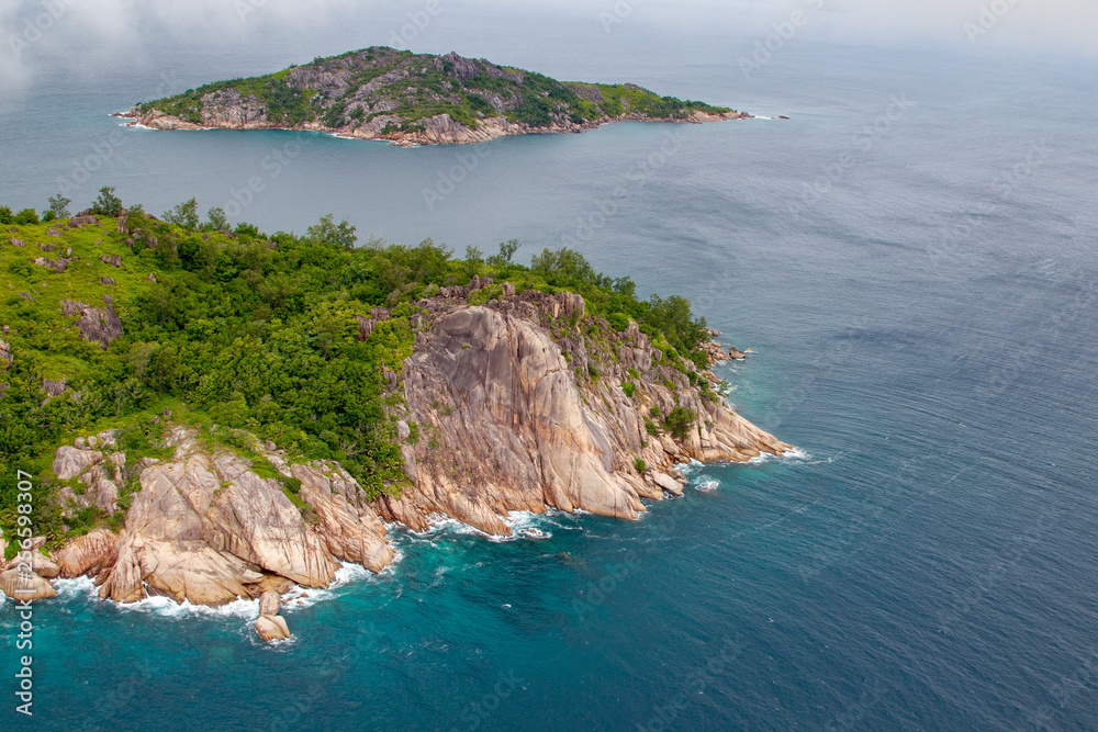 Aerial view of the small island Grande Soeur, Seychelles in the Indian Ocean.