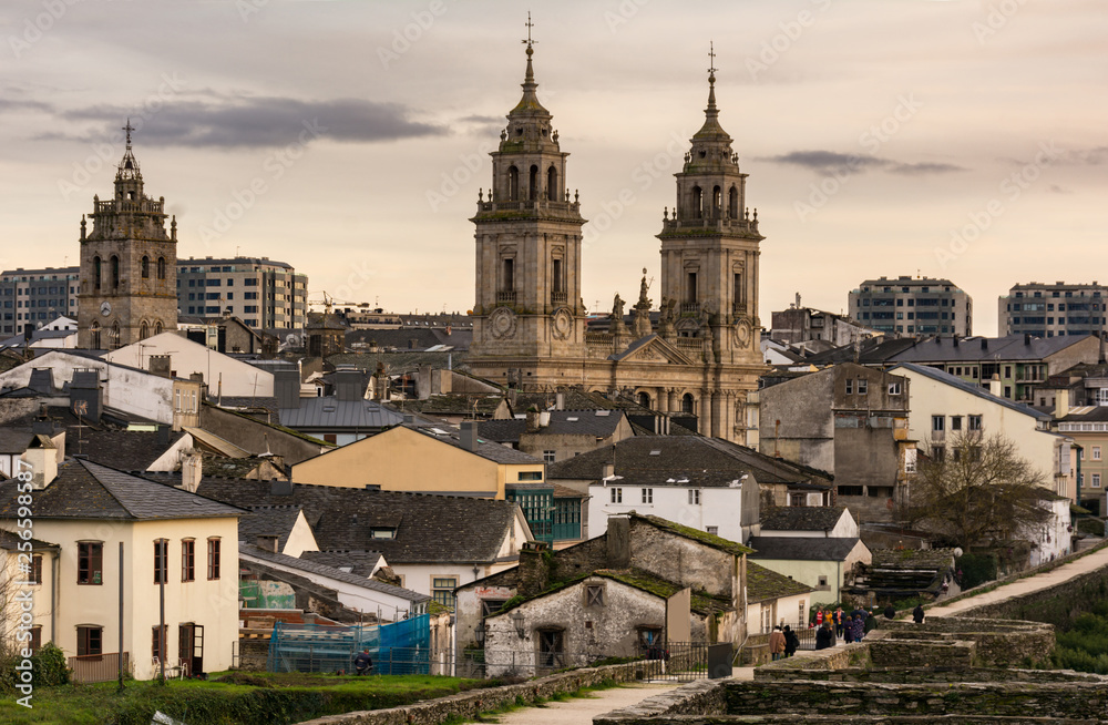 View of the Cathedral and the Wall of Lugo declared World Heritage by Unesco (Galicia, Spain)