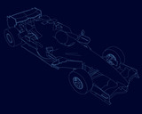 Vector outline of a sports car. Contour of the sports racing car of the blue lines on a dark background. Isometric view. 3D. Vector illustration