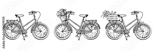 Set of three black and white hand drawn illustration of bicycle 