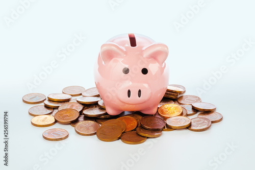 Pink piggy bank and coins isolated on white