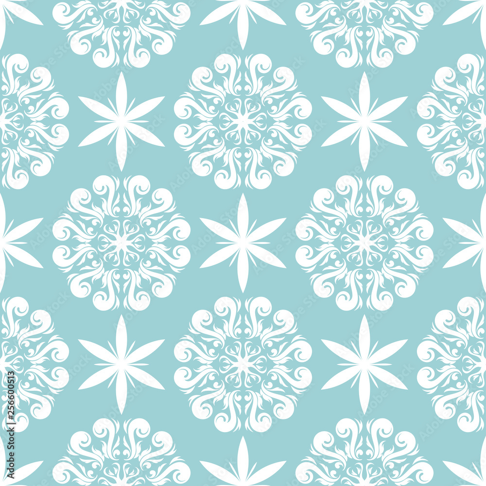 Floral seamless background. White design on blue backdrop Floral seamless background. White design on blue backdrop