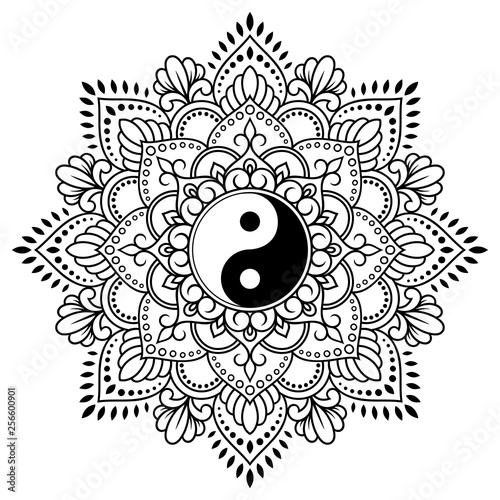 Circular pattern in form of mandala for Henna, Mehndi, tattoo, decoration. Decorative ornament in oriental style with Yin-yang hand drawn symbol. Coloring book page.