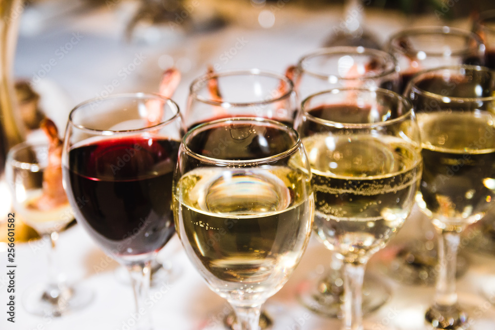 Selection of wine and glasses, served table, restaurant Selection of wine and glasses, served table, restaurant