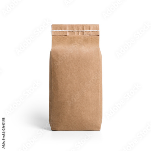 Brown craft paper bag packaging template with stitch sewing isolated on white background. Packaging template mockup collection. With clipping Path included. Stand-up pouch Back view package