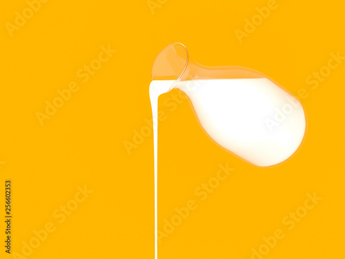 Dairy poster concept: pouring milk from glass bottle on yellow billboard banner template mockup with place for text and logo