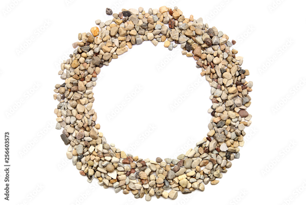 Ground stones circle frame isolated on white background. Round border of pebble stones. Ground stones circle frame isolated on white background. Round border of pebble stones.