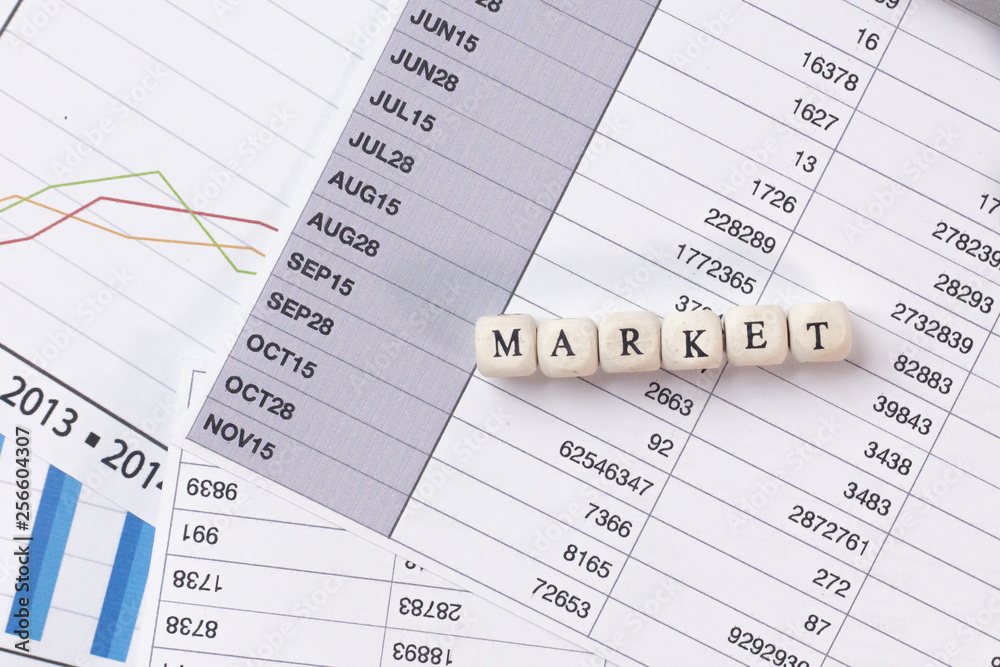 The market word on wood cube business content image. The market word on wood cube business content image.