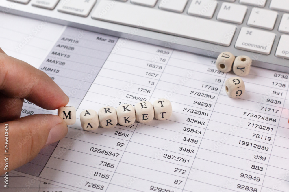 The market word on wood cube business content image. The market word on wood cube business content image.