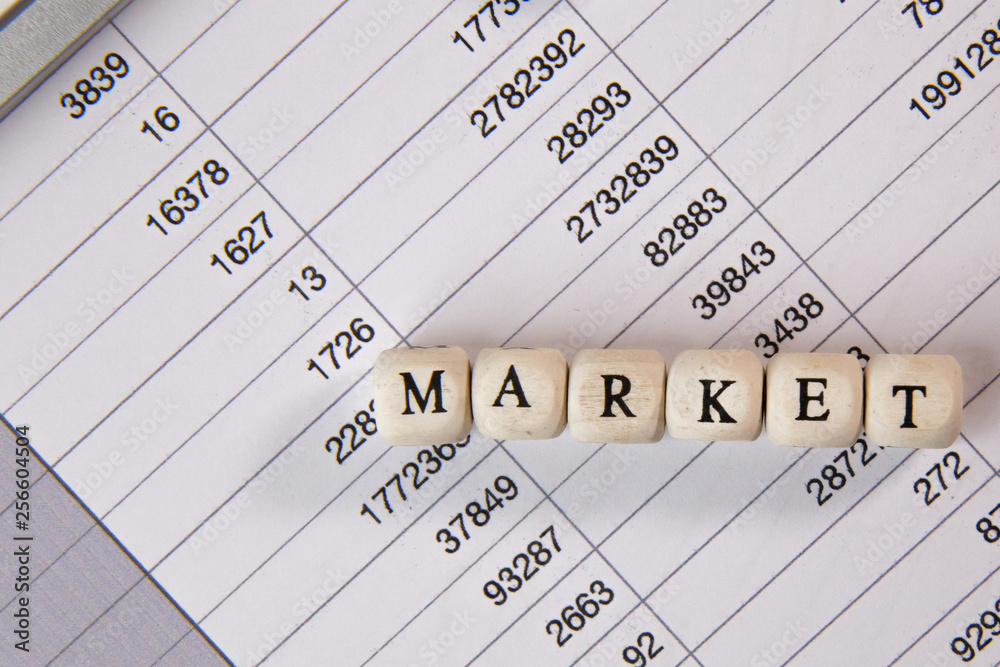 The market word on wood cube business content image. The market word on wood cube business content image.