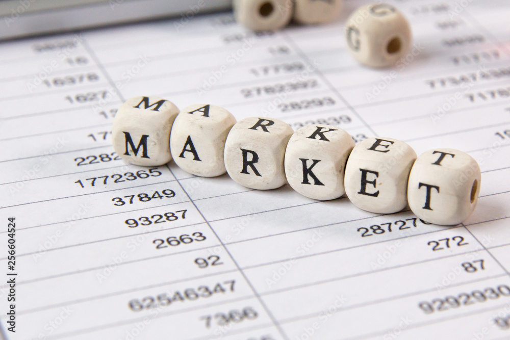 The market word on wood cube business content image. The market word on wood cube business content image.