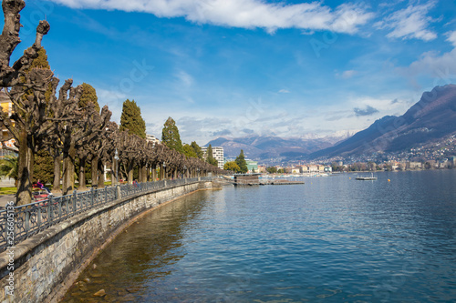 Lugano, Switzerland - March 10, 2019: Lugano's waterfront promenade, canton of Ticino, Switzerland