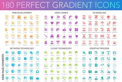 180 trendy perfect gradient icons set of web development, video games, 3d modeling, network technology, cloud data technology, creative process.