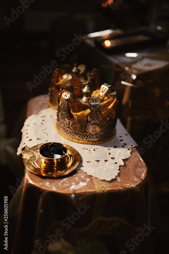 Wedding crowns. Wedding crown in church ready for marriage ceremony. close up. Divine Liturgy.