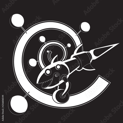 Rocket fish eats wheel spiral galaxy. Vector black and white image.