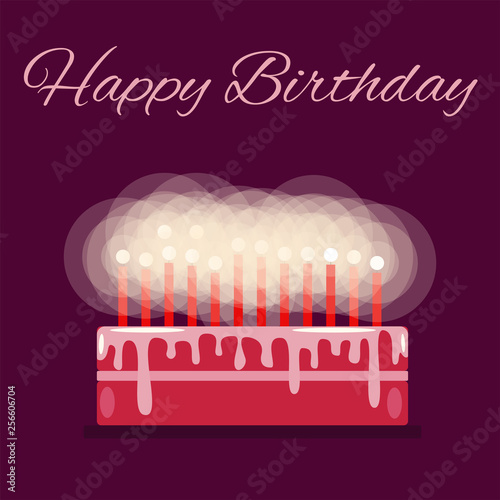 A birthday cake. Text Happy Birthday. Candles. Flat. Dark background