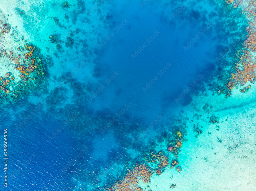 Fototapeta premium Aerial top down coral reef tropical caribbean sea, turquoise blue water. Indonesia Banyak Islands Sumatra, tourist diving travel destination.