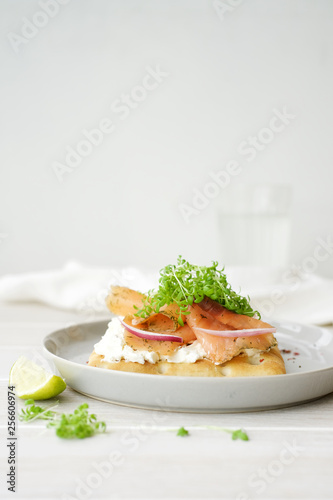 Smoked salmon sandwich with cream cheese. White wooden background