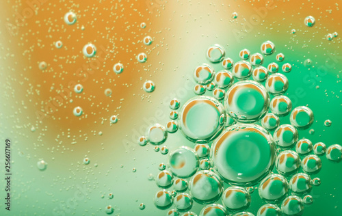 Abstract blurred green with yellow liquid texture background with circles of different size and bubbles. Cropped shot, macro, horizontal, nobody, gradient.