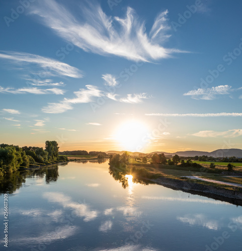The sunset over river Weser in Germany